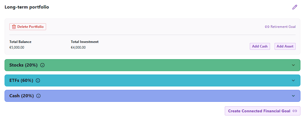 Portfolio workspace with summary and grouped assets