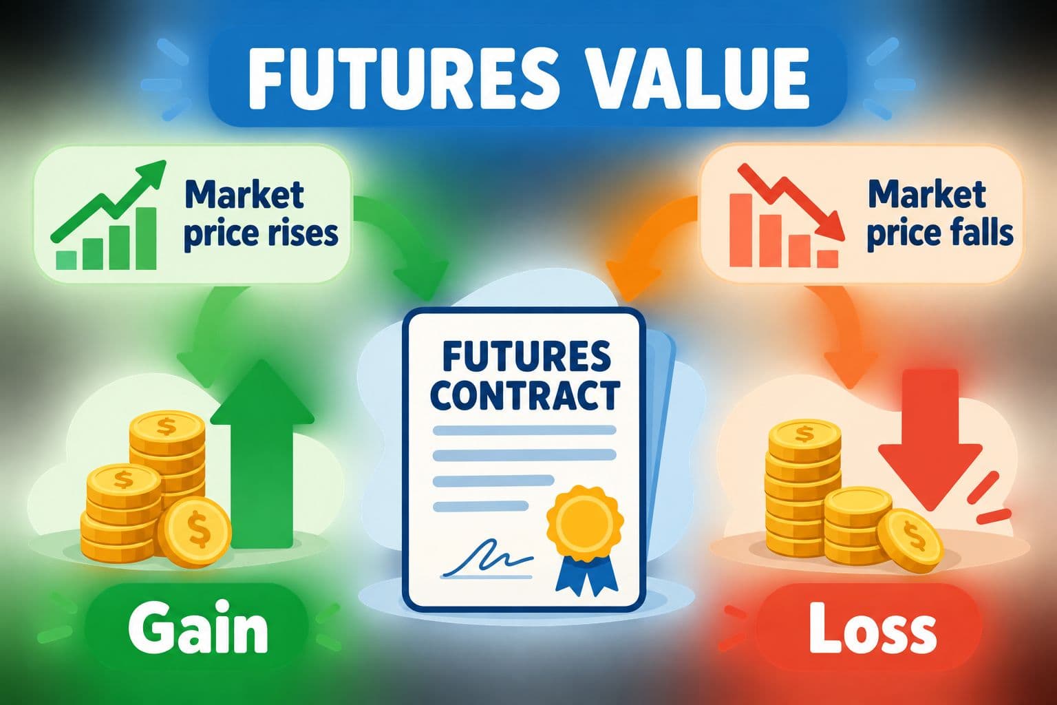 The value of a futures contract can rise or fall as the market price changes