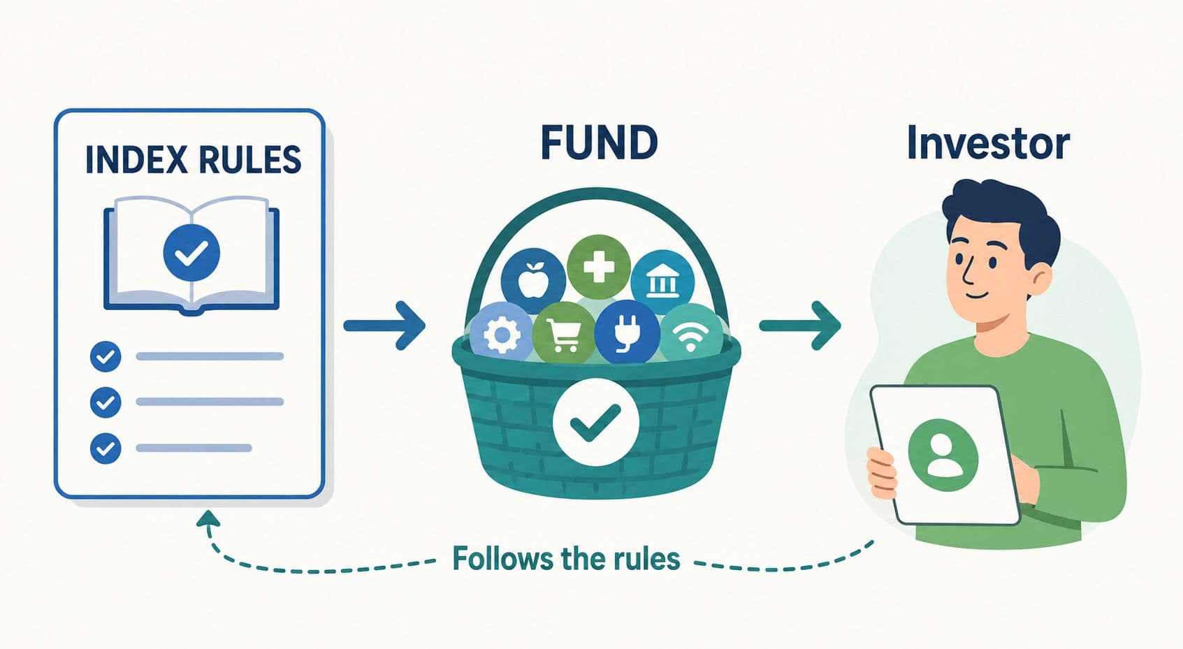 An index fund follows an index and gives investors a way to own part of the group