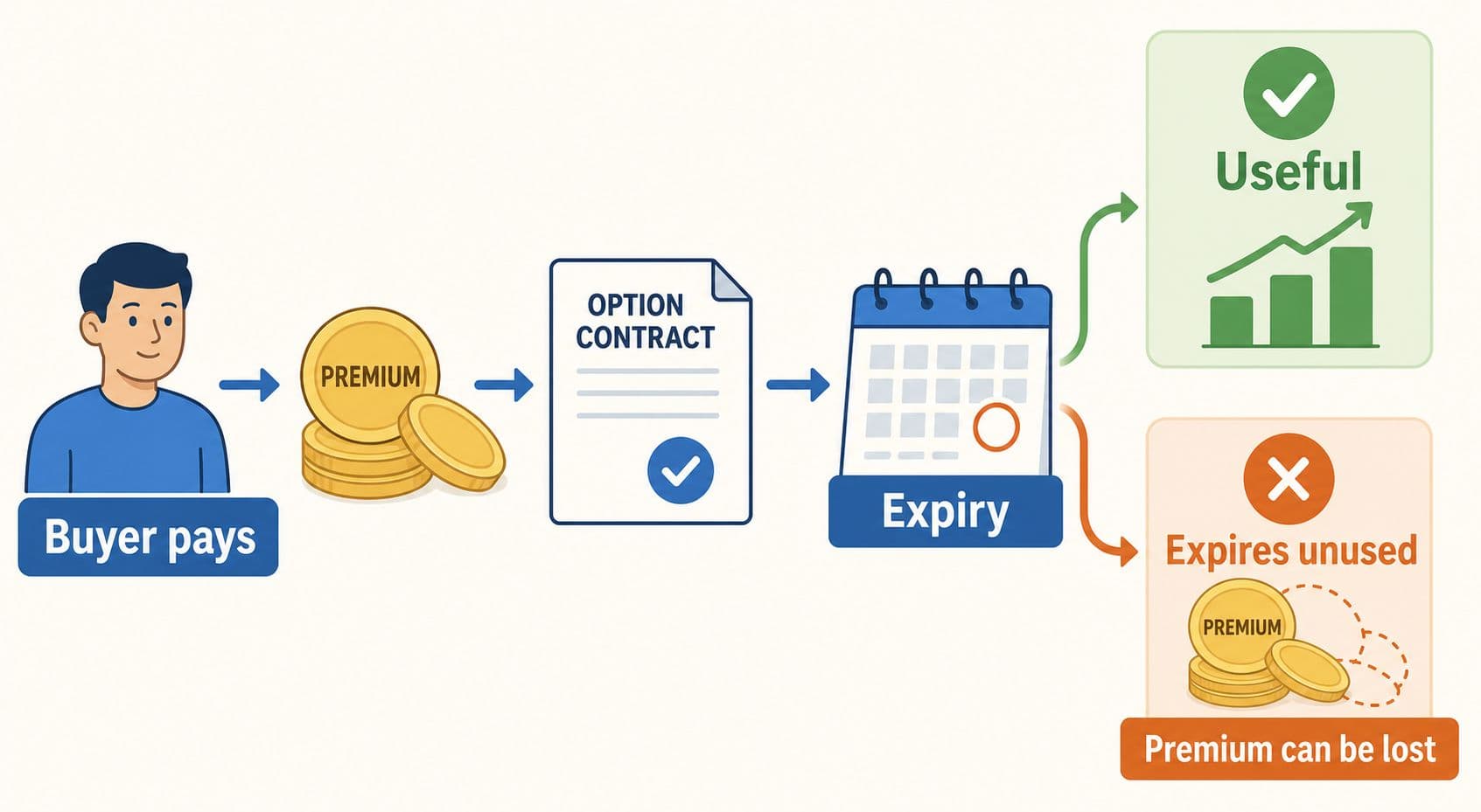 An option buyer pays a premium and can lose it if the option expires unused